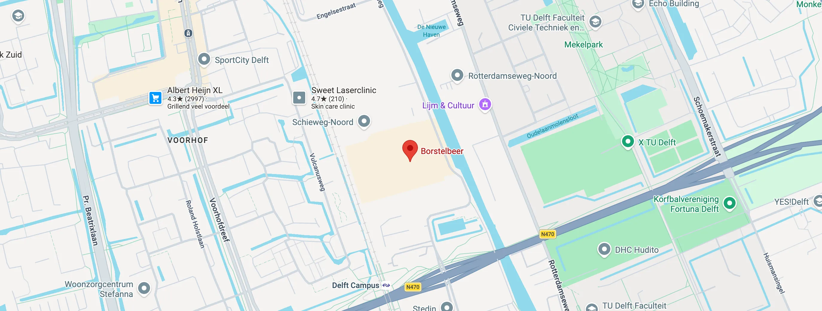 Map showing the Borstelbeer workshop at Schieweg 15, Delft